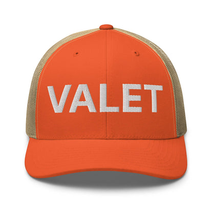Orange and tan embroidered mesh trucker hat with Valet Work Block logo