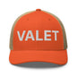 Orange and tan embroidered mesh trucker hat with Valet Work Block logo