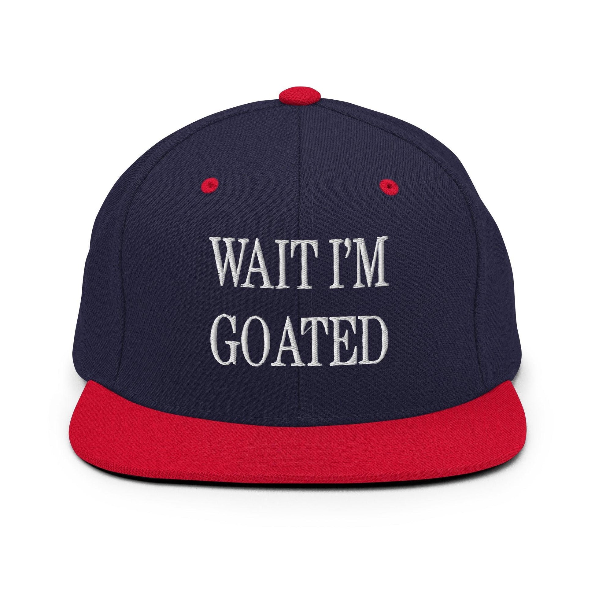 Wait I’m Goated Embroidered Flat Bill Brim Snapback Hat - Navy/ Red
