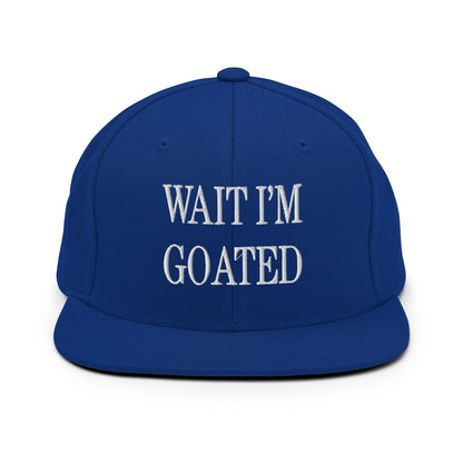 Wait I’m Goated Embroidered Flat Bill Brim Snapback Hat - Royal Blue
