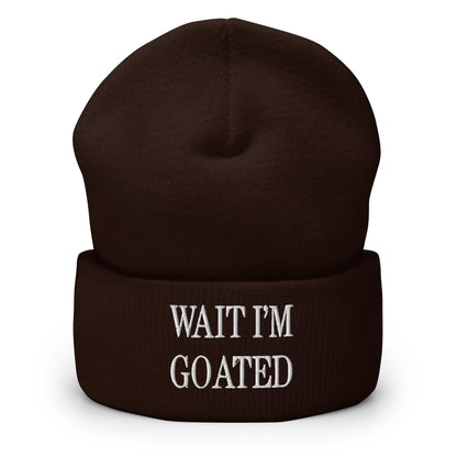 Wait I’m Goated Embroidered Knit Cuffed Beanie - Brown