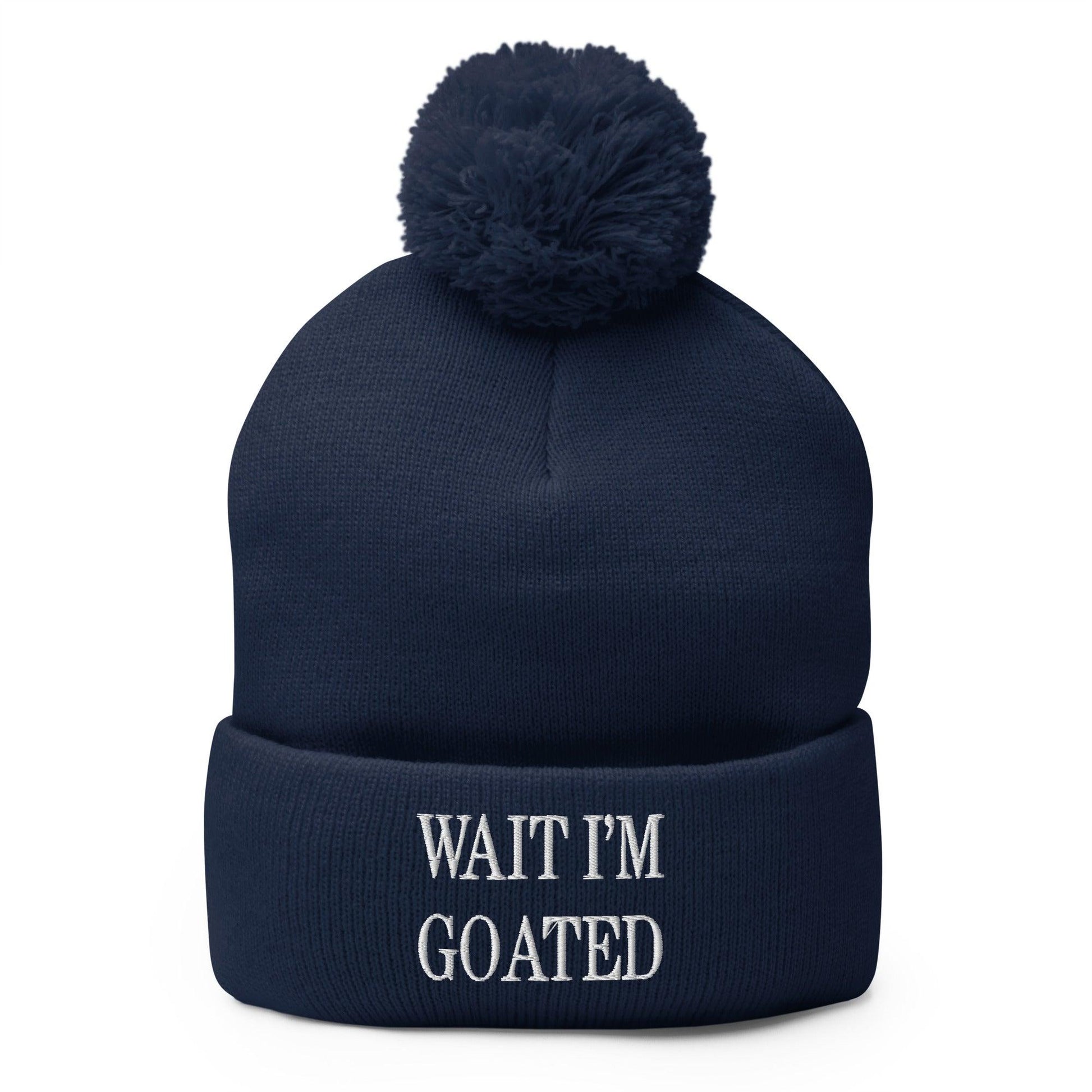 Wait I’m Goated Embroidered Knit Pom Beanie - Navy