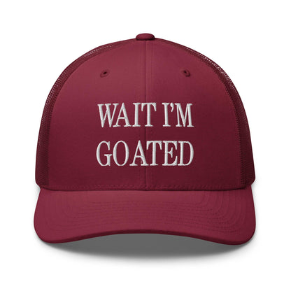 Wait I’m Goated Embroidered Mesh Trucker Hat - Cranberry