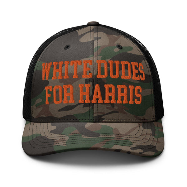White Dudes For Harris Embroidered Camo Trucker Hat Orange - Camo/Black