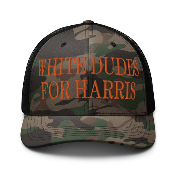White Dudes For Harris MAGA Parody Embroidered Camo Trucker Hat Orange - Camo/Black
