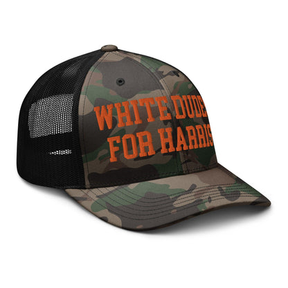 White Dudes For Harris Embroidered Camo Trucker Hat Orange