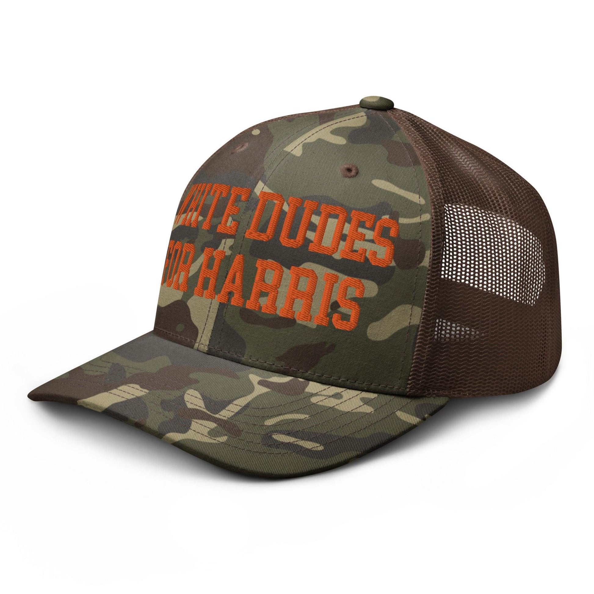 White Dudes For Harris Embroidered Camo Trucker Hat Orange
