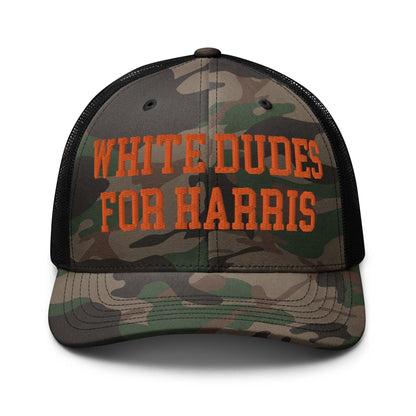 White Dudes For Harris Embroidered Camo Trucker Hat Orange - Camo/Black