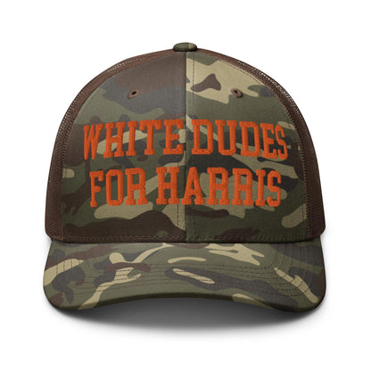 White Dudes For Harris Embroidered Camo Trucker Hat Orange - Camo/Brown