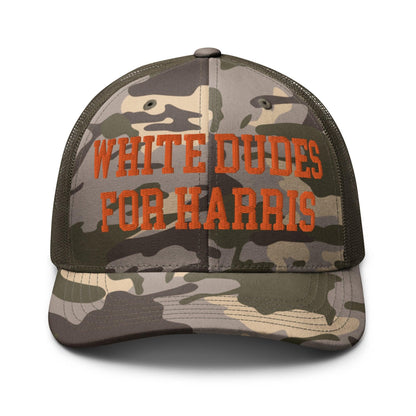 White Dudes For Harris Embroidered Camo Trucker Hat Orange - Camo/Olive
