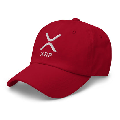 Red XRP Ripple embroidered dad hat featuring a classic baseball cap design