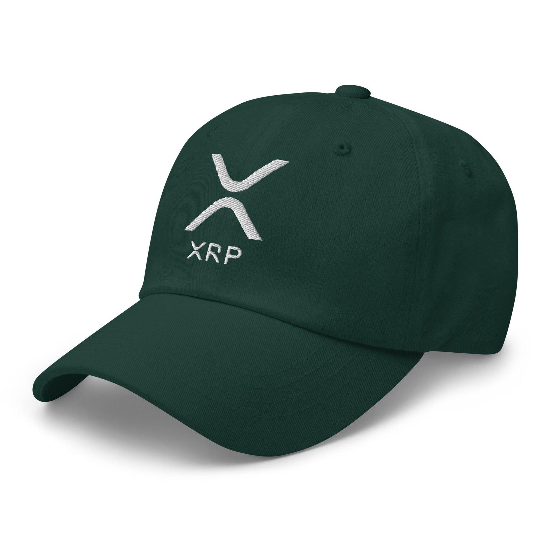 Green XRP baseball cap featuring XRP Ripple embroidered design on a Ripple embroidered dad hat