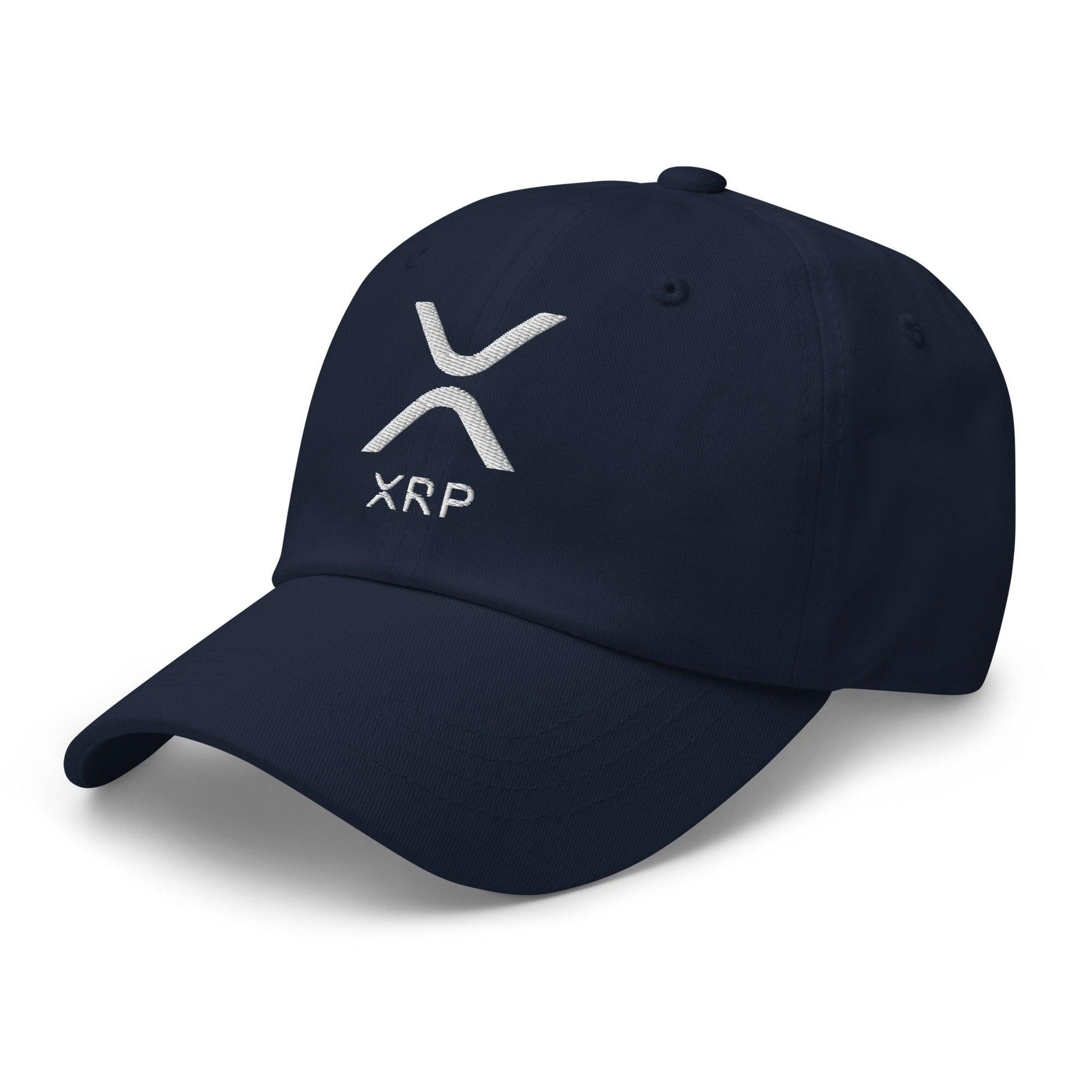 Navy blue XRP Ripple Embroidered Dad Hat showing detailed embroidery and comfortable fit