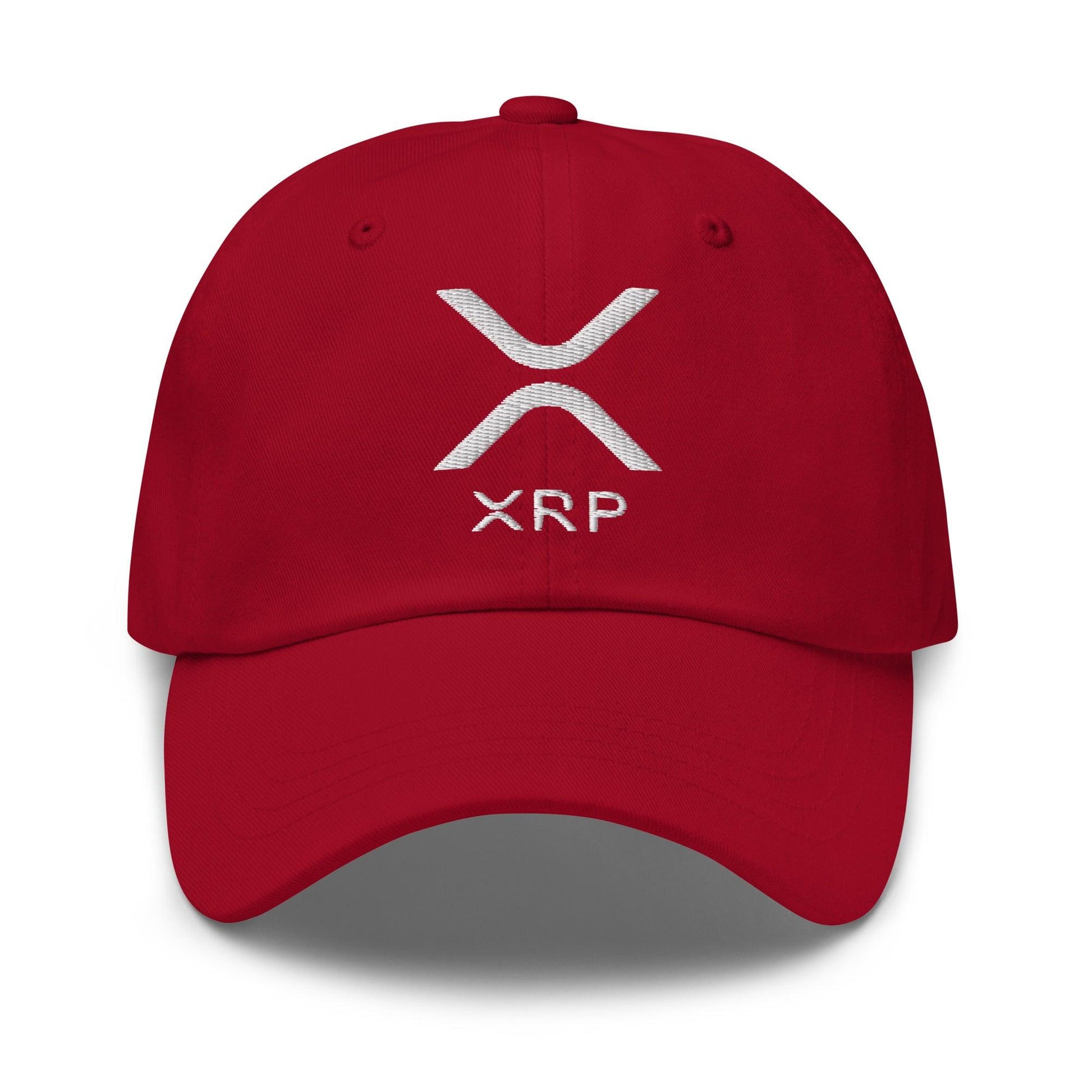 Red XRP baseball cap showcasing XRP Ripple embroidered logo on a ripple embroidered dad hat