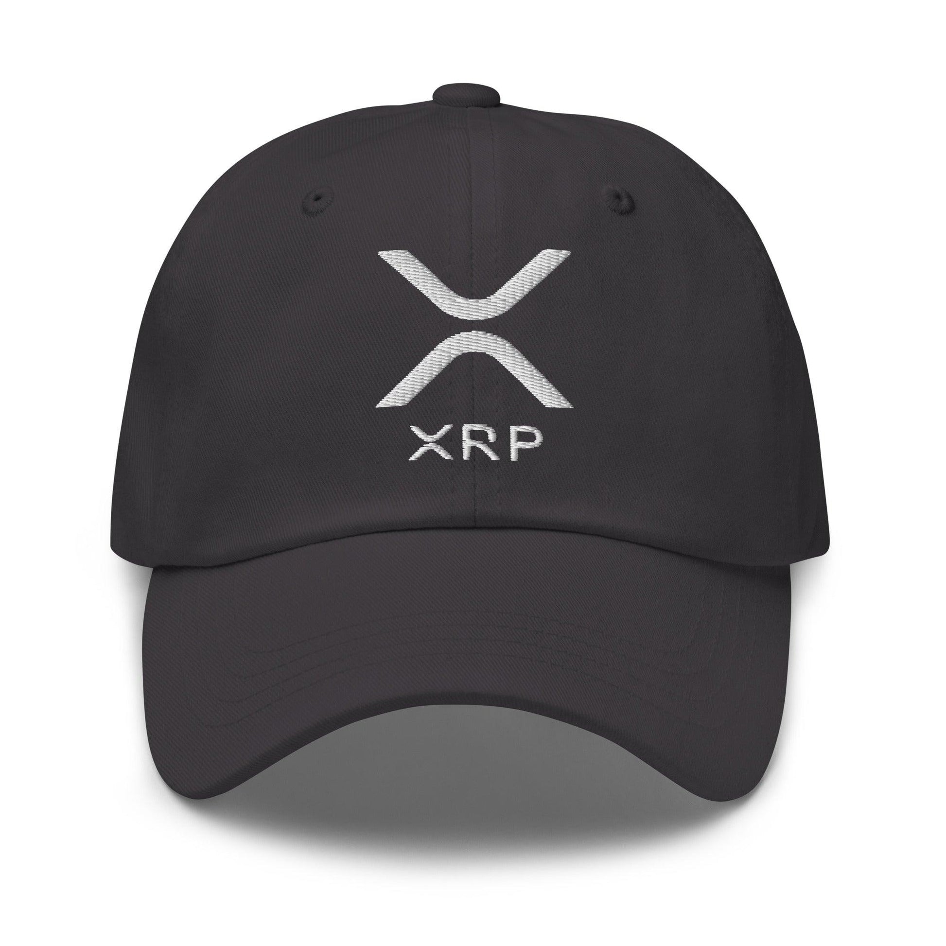Gray baseball cap with XRP Ripple embroidered logo showcasing the ripple embroidered dad hat style