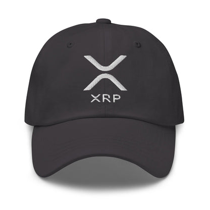 Gray baseball cap with XRP Ripple embroidered logo showcasing the ripple embroidered dad hat style