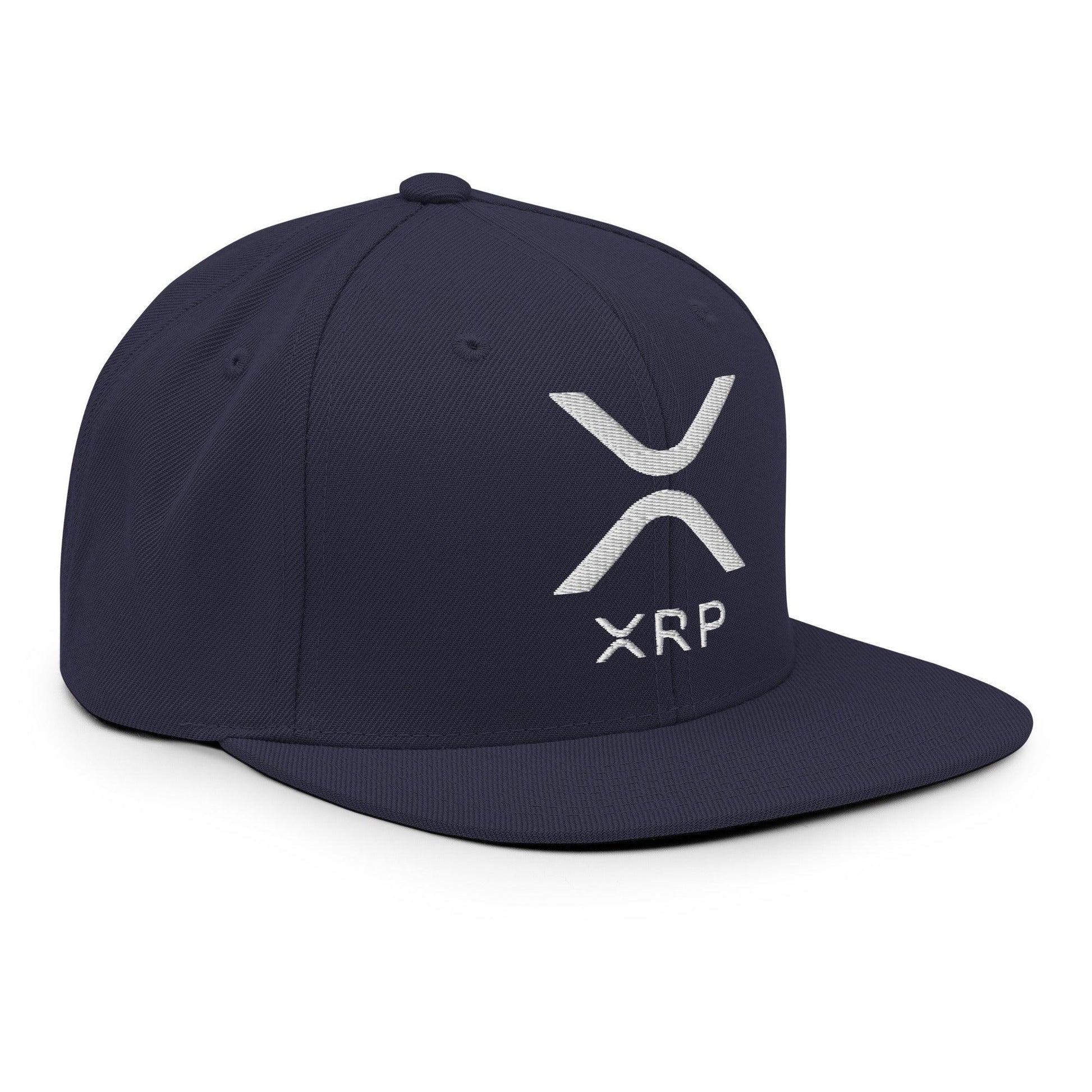 Navy blue XRP Ripple embroidered flat brim snapback hat for stylish blockchain fans