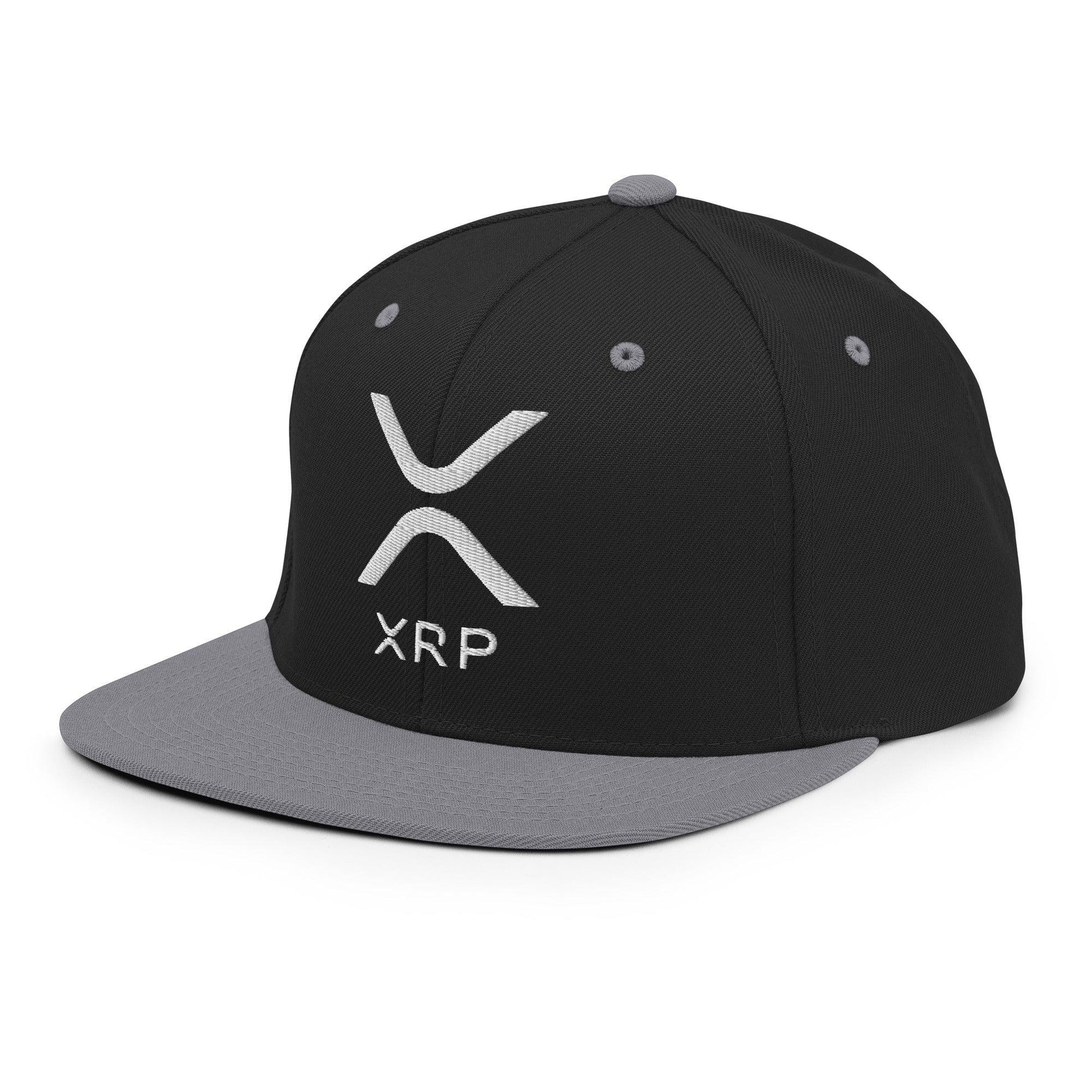 Black and gray XRP Ripple Embroidered Brim Snapback Hat for stylish crypto enthusiasts