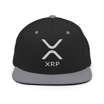 Black and gray XRP Ripple embroidered brim snapback hat with flat bill design