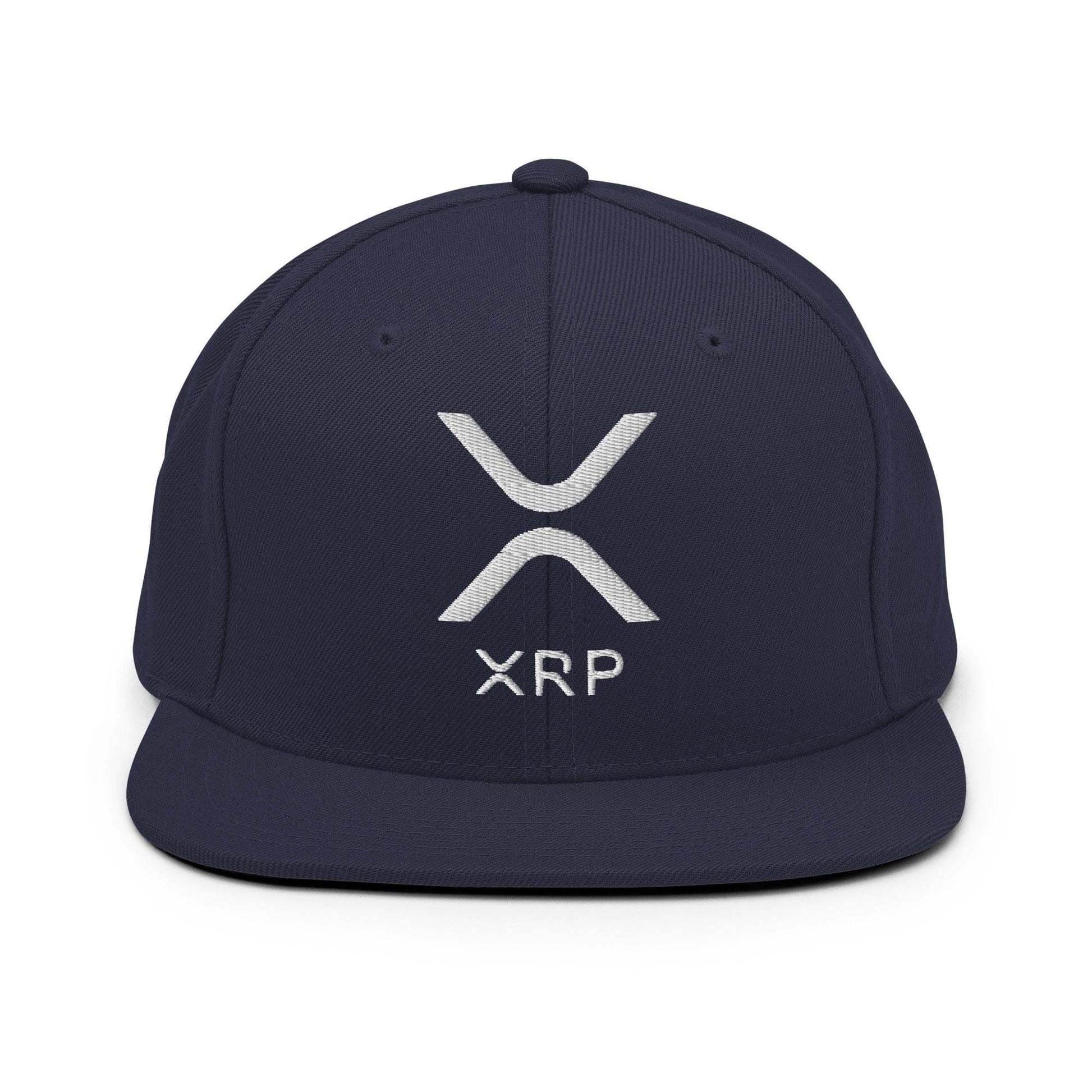 Navy blue XRP Ripple embroidered brim snapback hat with flat bill design