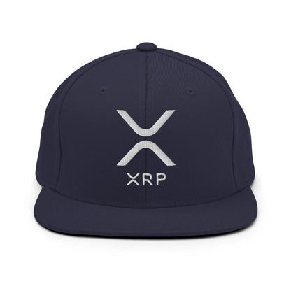 Navy blue XRP Ripple embroidered brim snapback hat with flat bill design