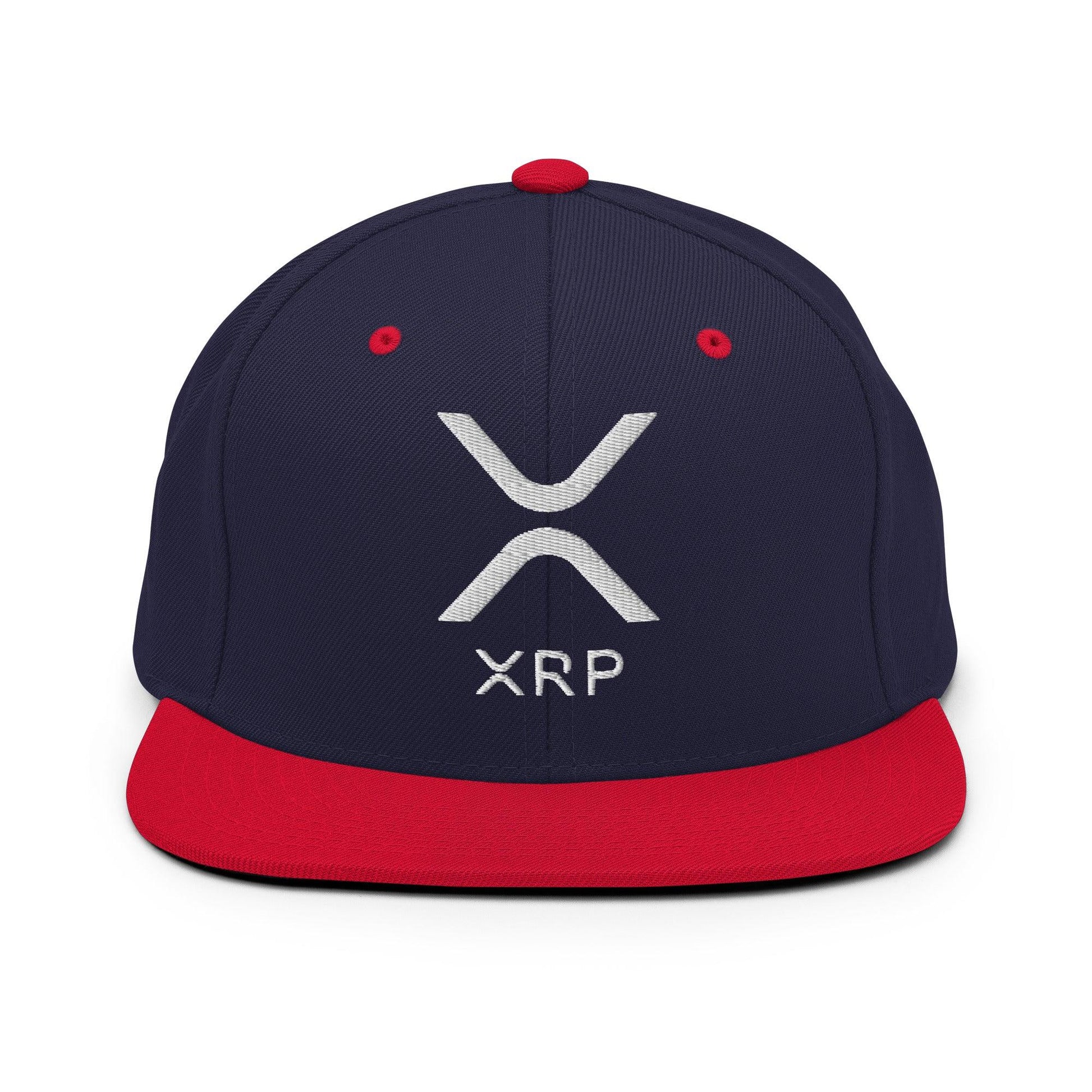 Navy and red XRP Ripple embroidered brim snapback hat with flat bill design