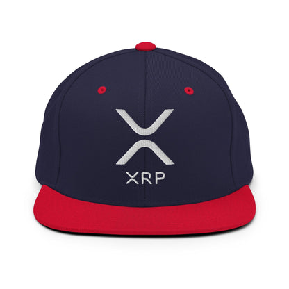 Navy and red XRP Ripple embroidered brim snapback hat with flat bill design