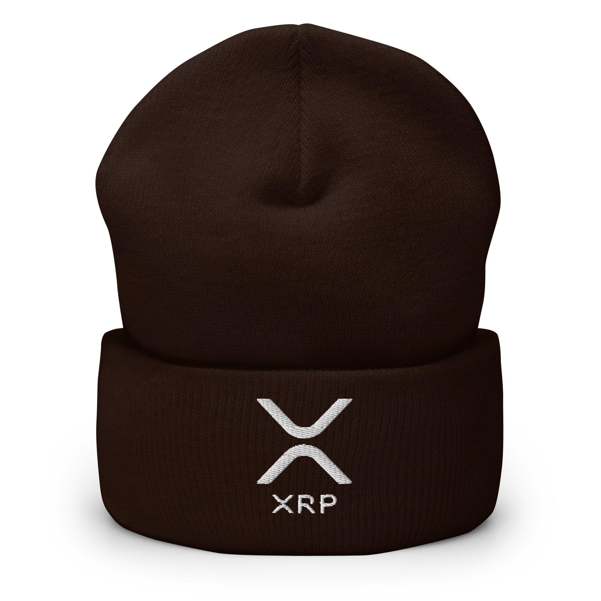 Brown beanie with XRP logo showcasing XRP Ripple Embroidered Knit Cuffed Beanie