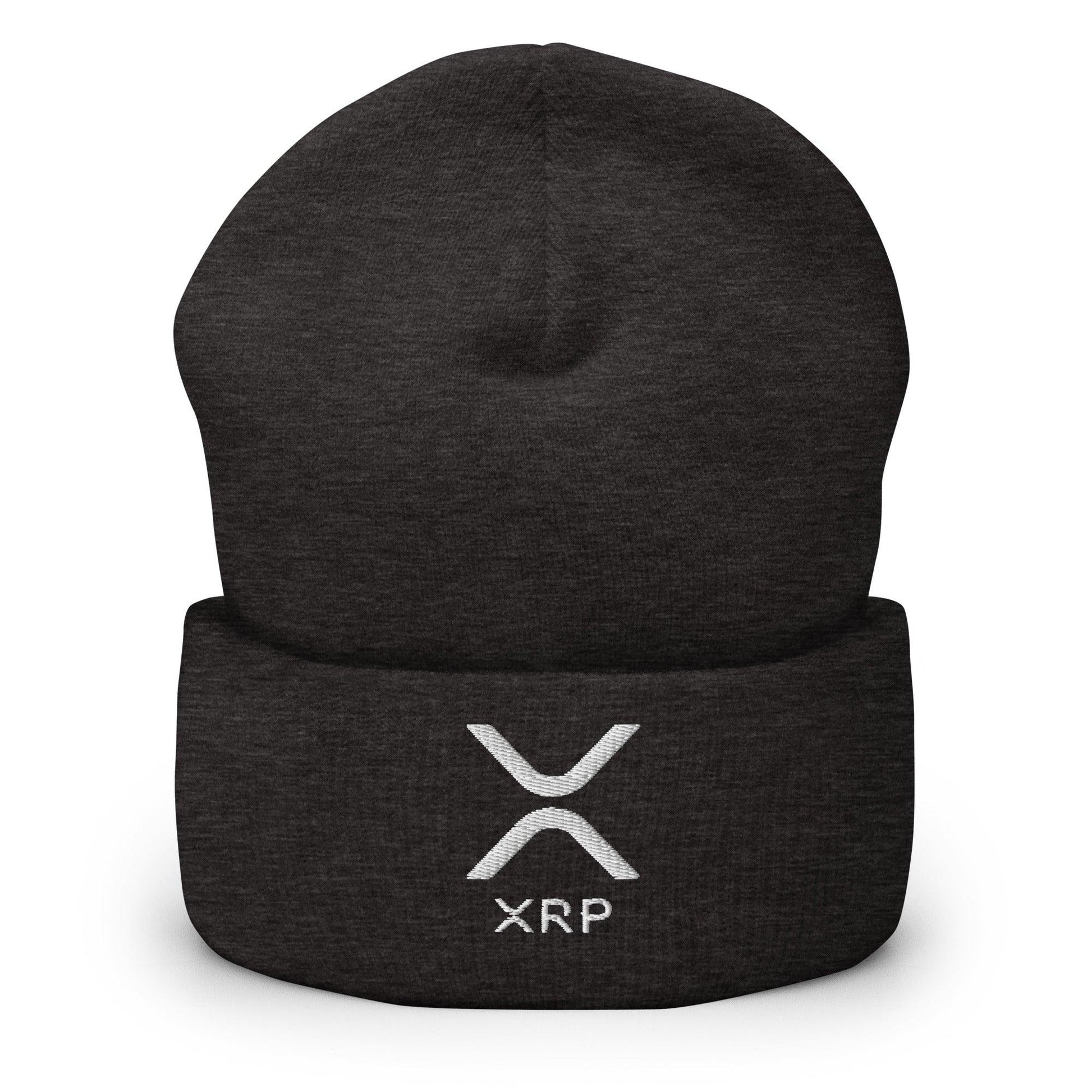 Dark gray XRP Ripple embroidered knit cuffed beanie with XRP logo for cold weather warmth