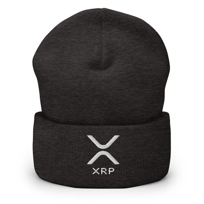 Dark gray XRP Ripple embroidered knit cuffed beanie with XRP logo for cold weather warmth