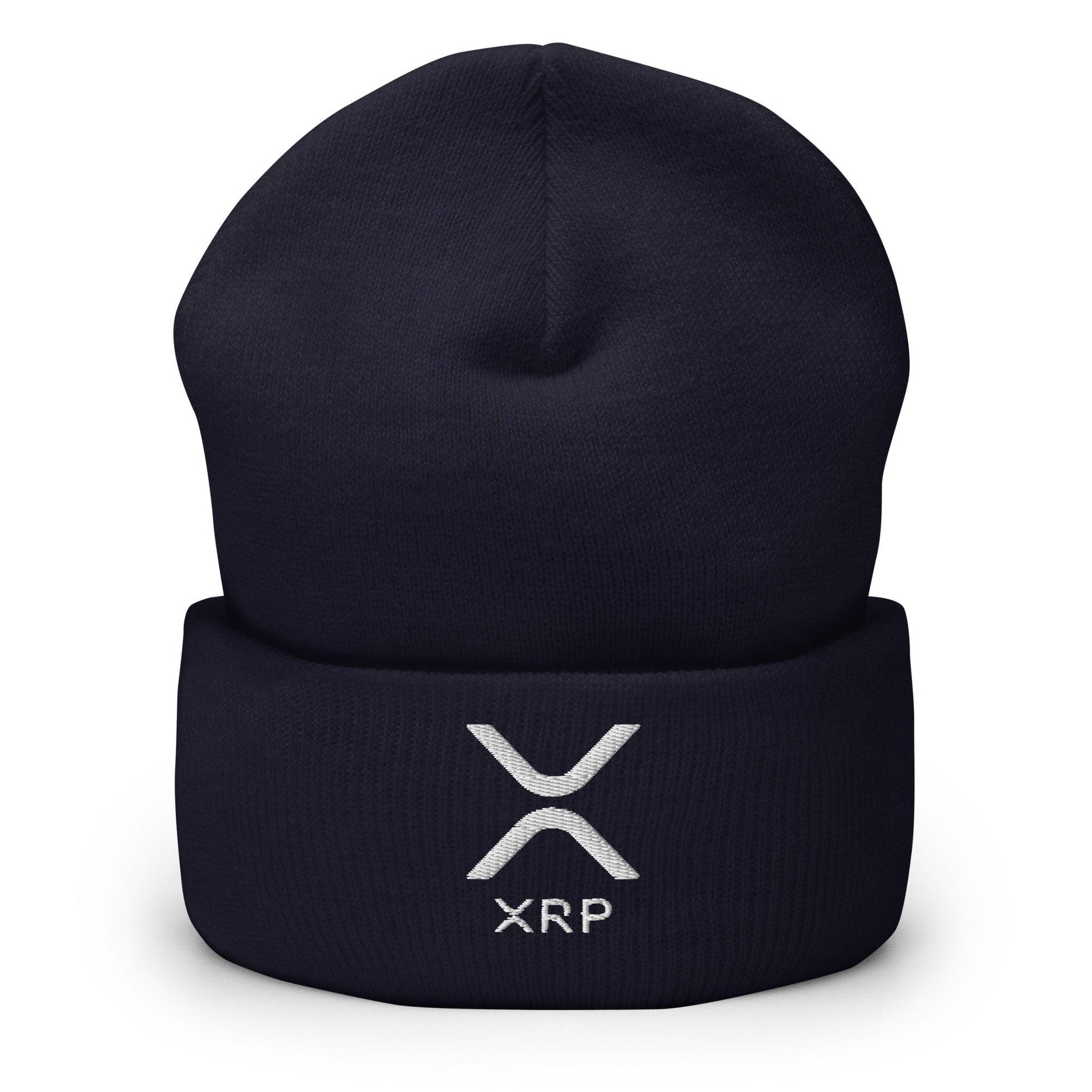 Dark blue XRP Ripple embroidered knit cuffed beanie with logo for stylish warmth