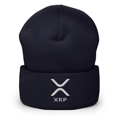 Dark blue XRP Ripple embroidered knit cuffed beanie with logo for stylish warmth
