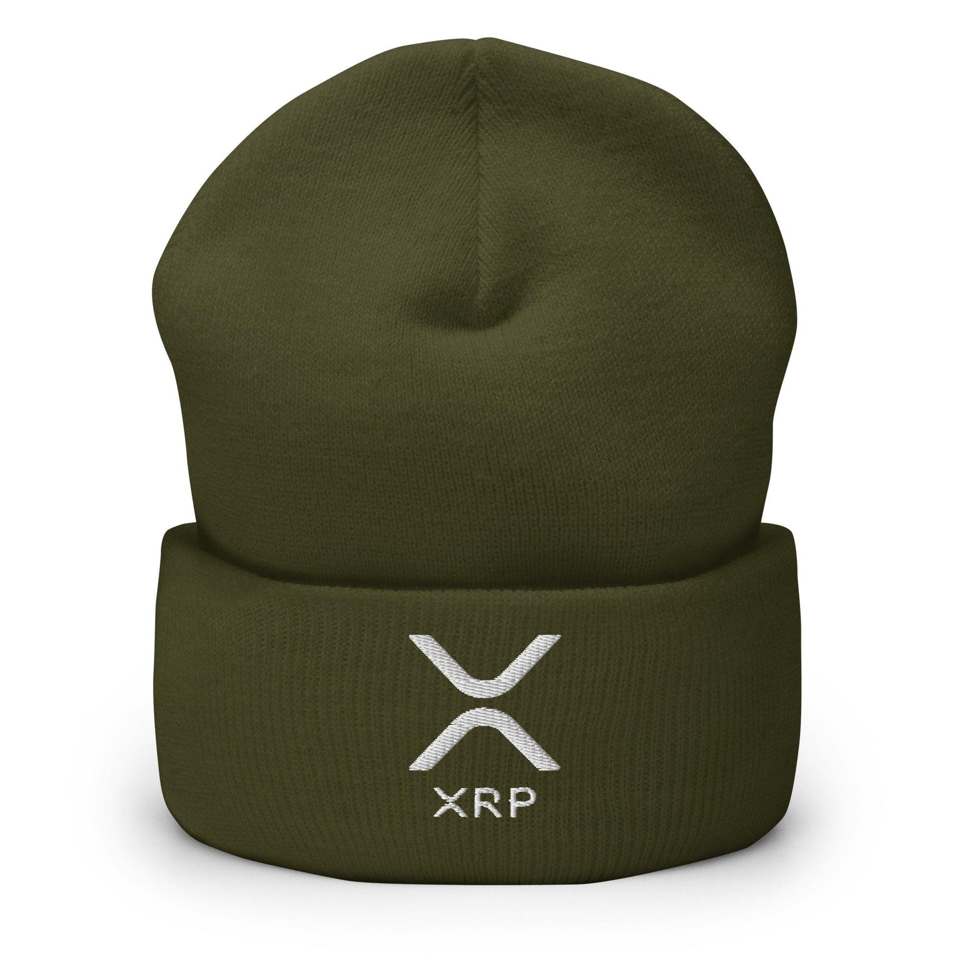 Olive green XRP Ripple embroidered knit cuffed beanie with logo for stylish warmth