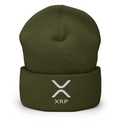 Olive green XRP Ripple embroidered knit cuffed beanie with logo for stylish warmth