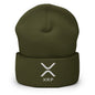 Olive green XRP Ripple embroidered knit cuffed beanie with logo for stylish warmth