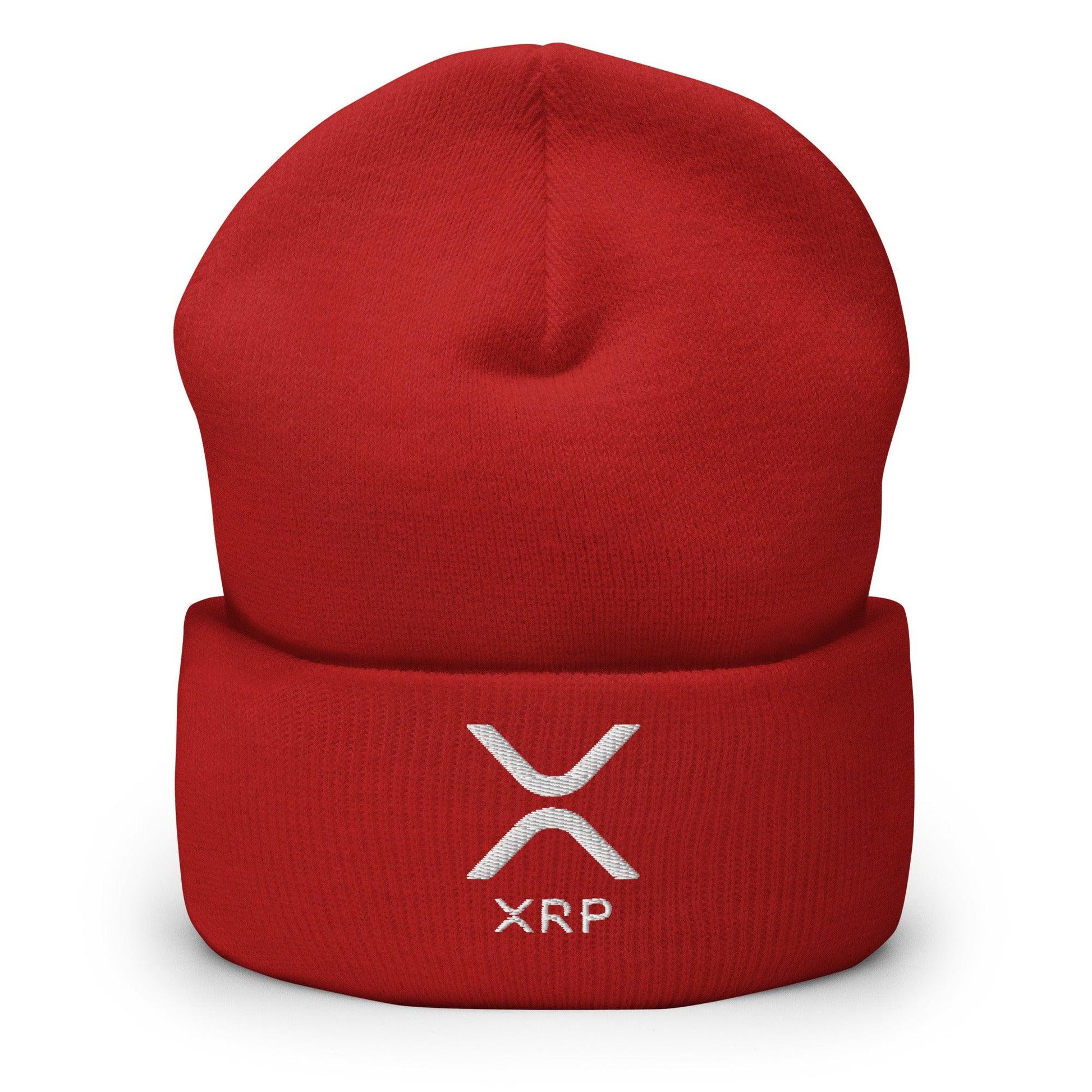Red beanie with white XRP logo showcasing XRP Ripple Embroidered Knit Cuffed Beanie