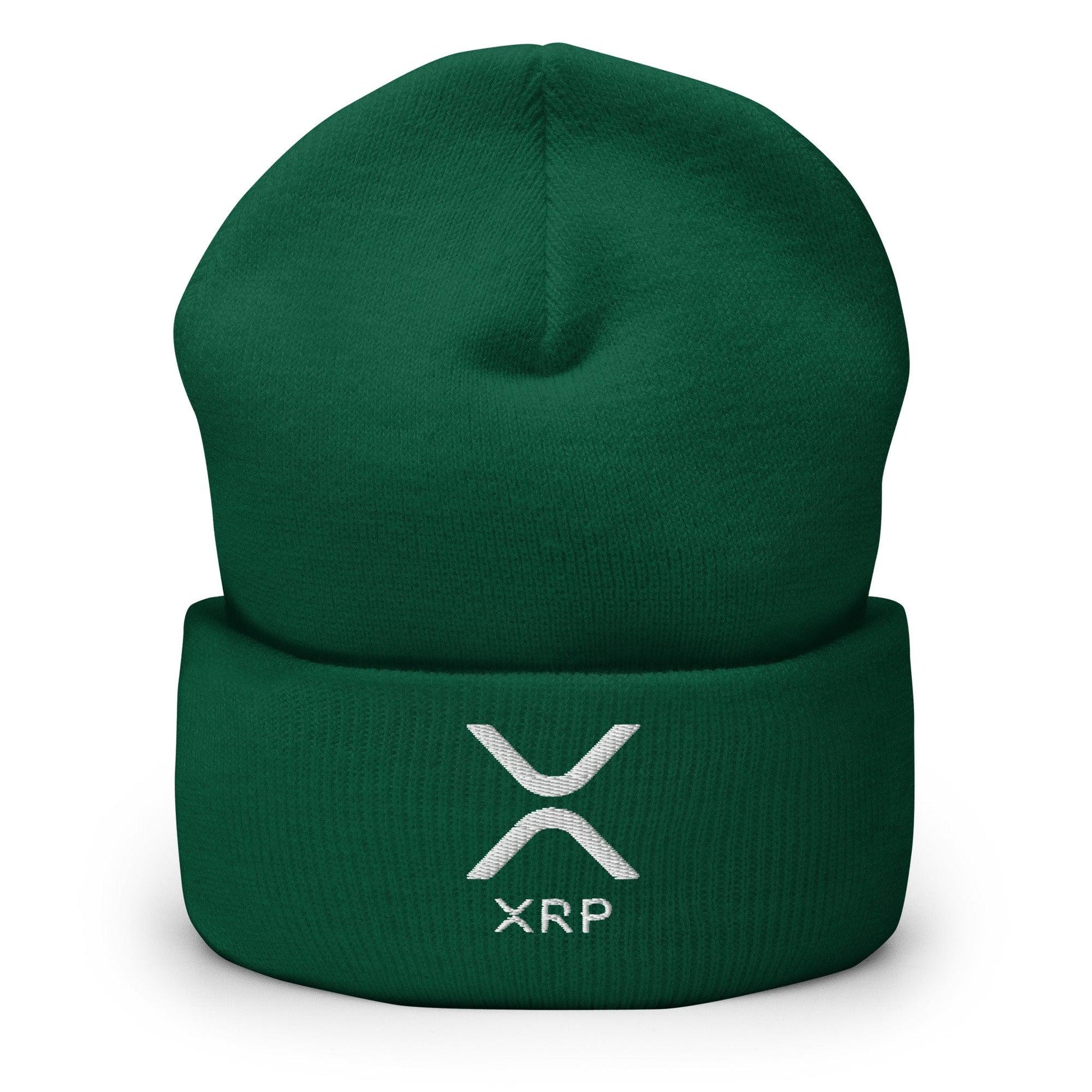 Green beanie with white XRP Ripple embroidered logo, ripple embroidered knit cuffed beanie