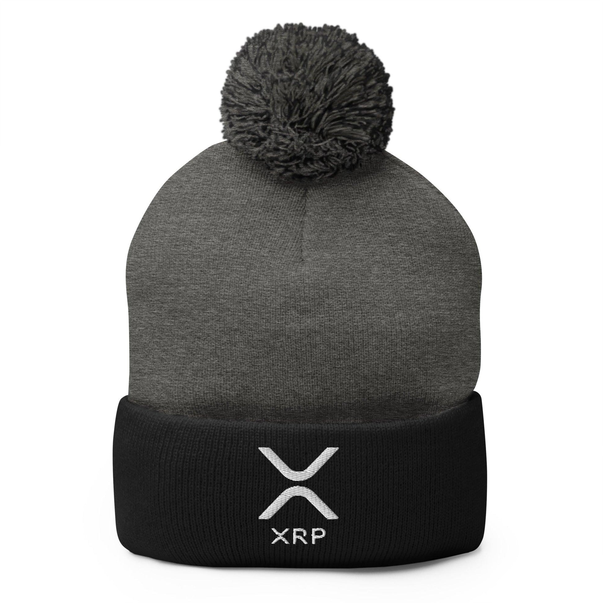 Gray and black ripple embroidered knit pom pom beanie featuring an embroidered knit pom