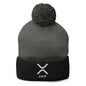 Gray and black ripple embroidered knit pom pom beanie featuring an embroidered knit pom