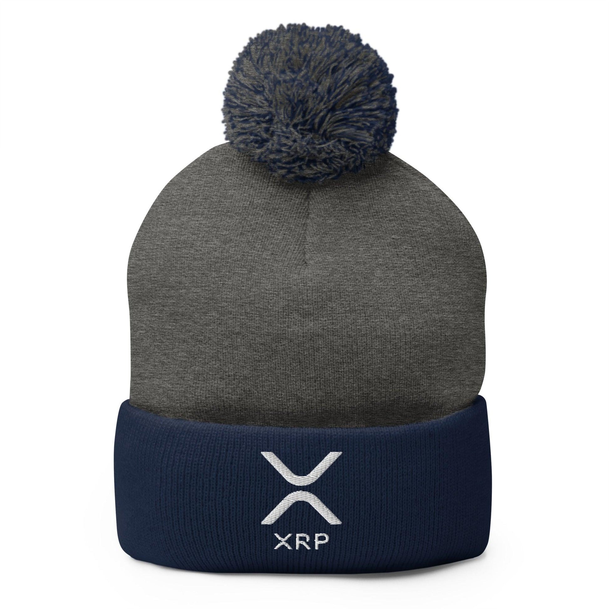 Gray and navy blue ripple embroidered knit pom pom beanie with embroidered knit pom detail