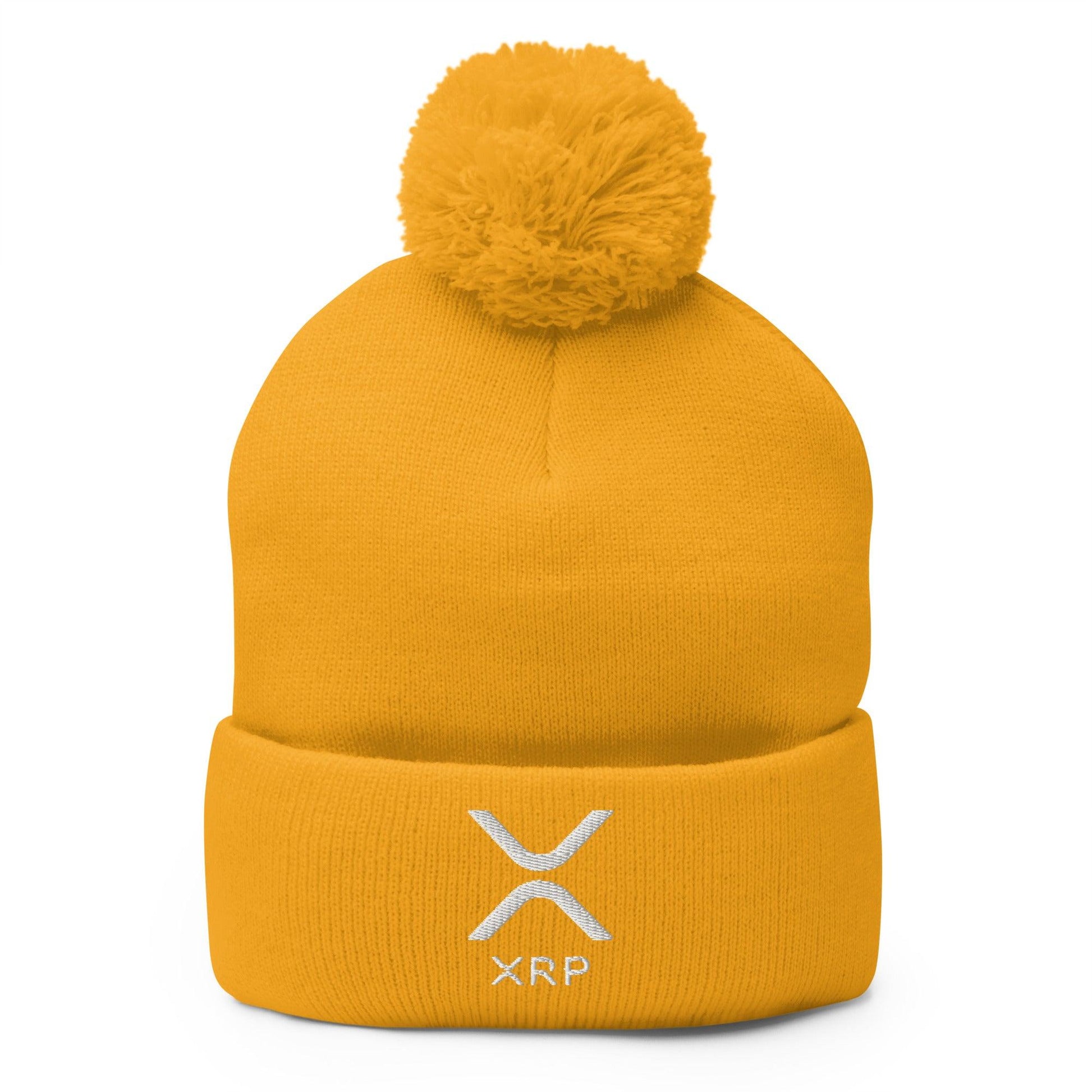 Yellow knit beanie with ripple embroidered knit and adorable knit pom pom