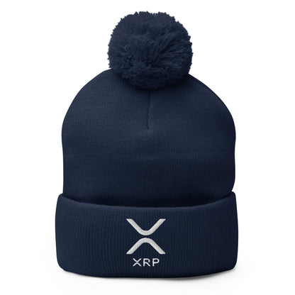Navy blue ripple embroidered knit pom pom beanie featuring a stylish knit pom pom design