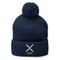 Navy blue ripple embroidered knit pom pom beanie featuring a stylish knit pom pom design