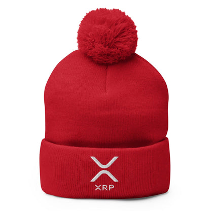 Red knit beanie with ripple embroidered knit and knit pom pom for cold weather