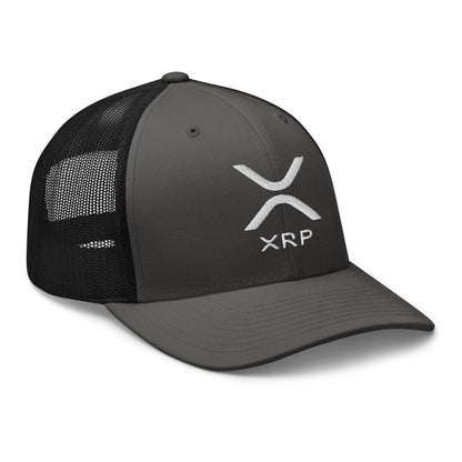 Gray and black XRP trucker hat featuring ripple embroidered mesh and XRP Ripple embroidered design