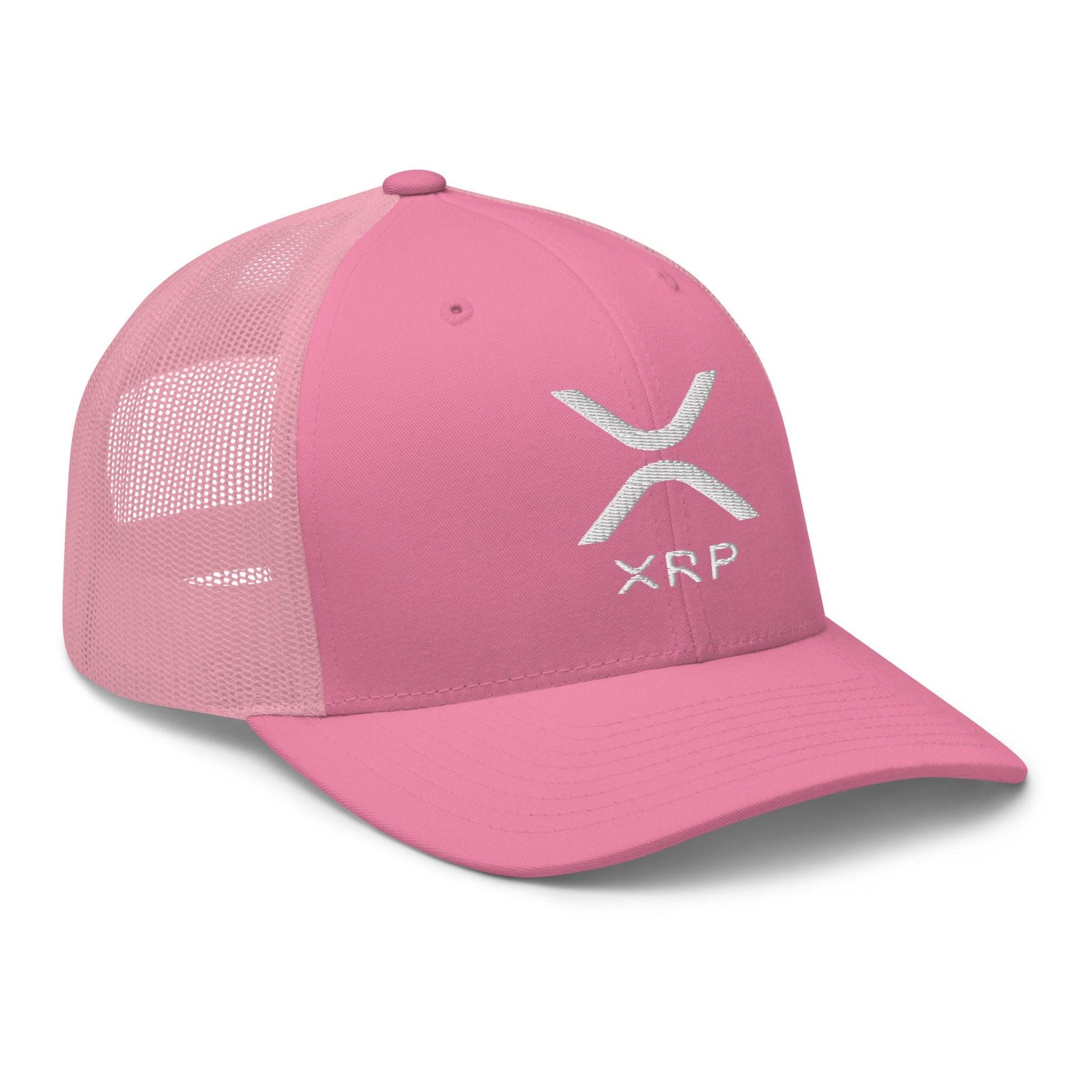 Pink trucker hat featuring XRP Ripple embroidered mesh logo in stylish embroidered mesh trucker design