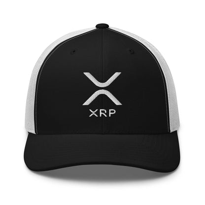 Black and white XRP Ripple embroidered mesh trucker hat for stylish crypto merchandise