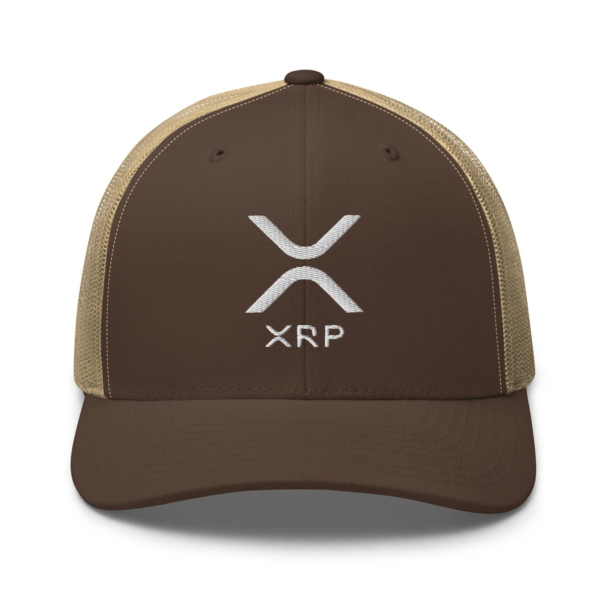 Brown trucker hat with XRP logo featuring ripple embroidered mesh and embroidered mesh trucker design