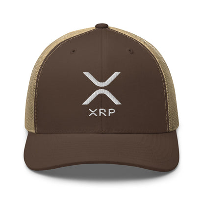 Brown trucker hat with XRP logo featuring ripple embroidered mesh and embroidered mesh trucker design