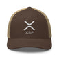 Brown trucker hat with XRP logo featuring ripple embroidered mesh and embroidered mesh trucker design